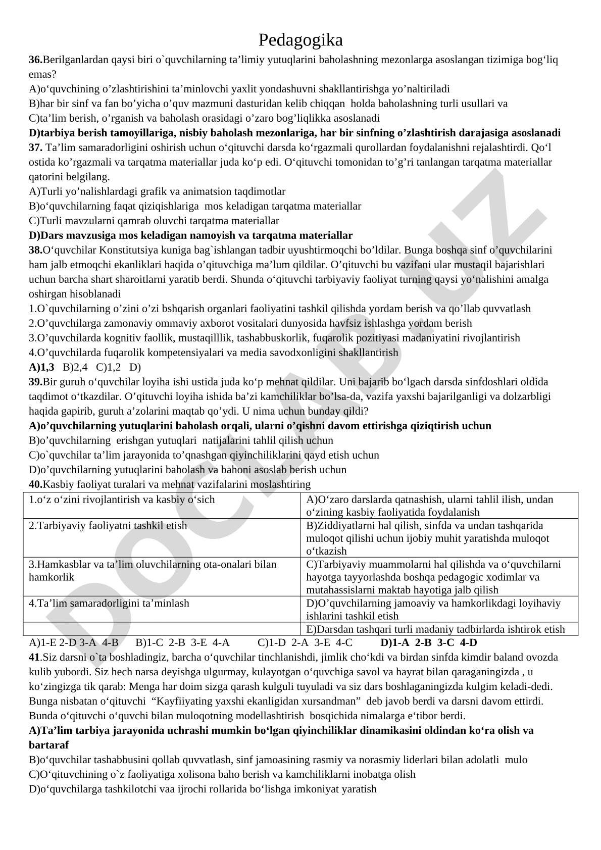 Pedagogika test savollari