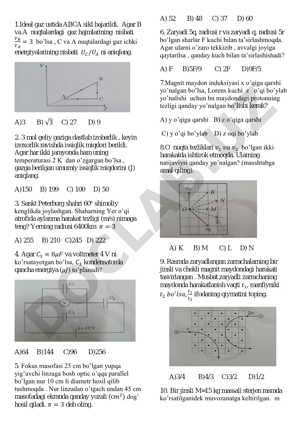Ideal gaz ustida ABCA sikl bajarildi