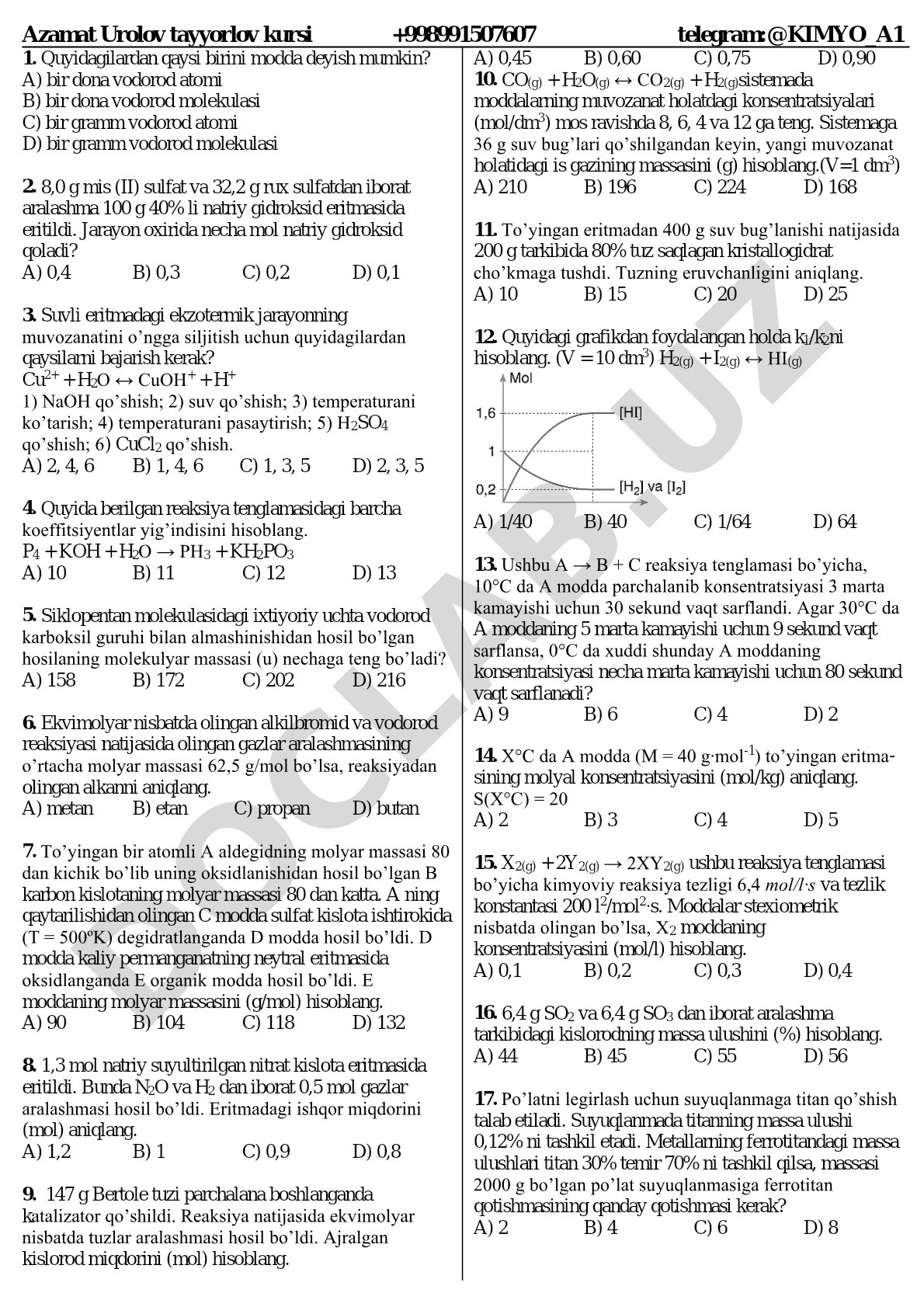 Kimyo fanidan test savollari
