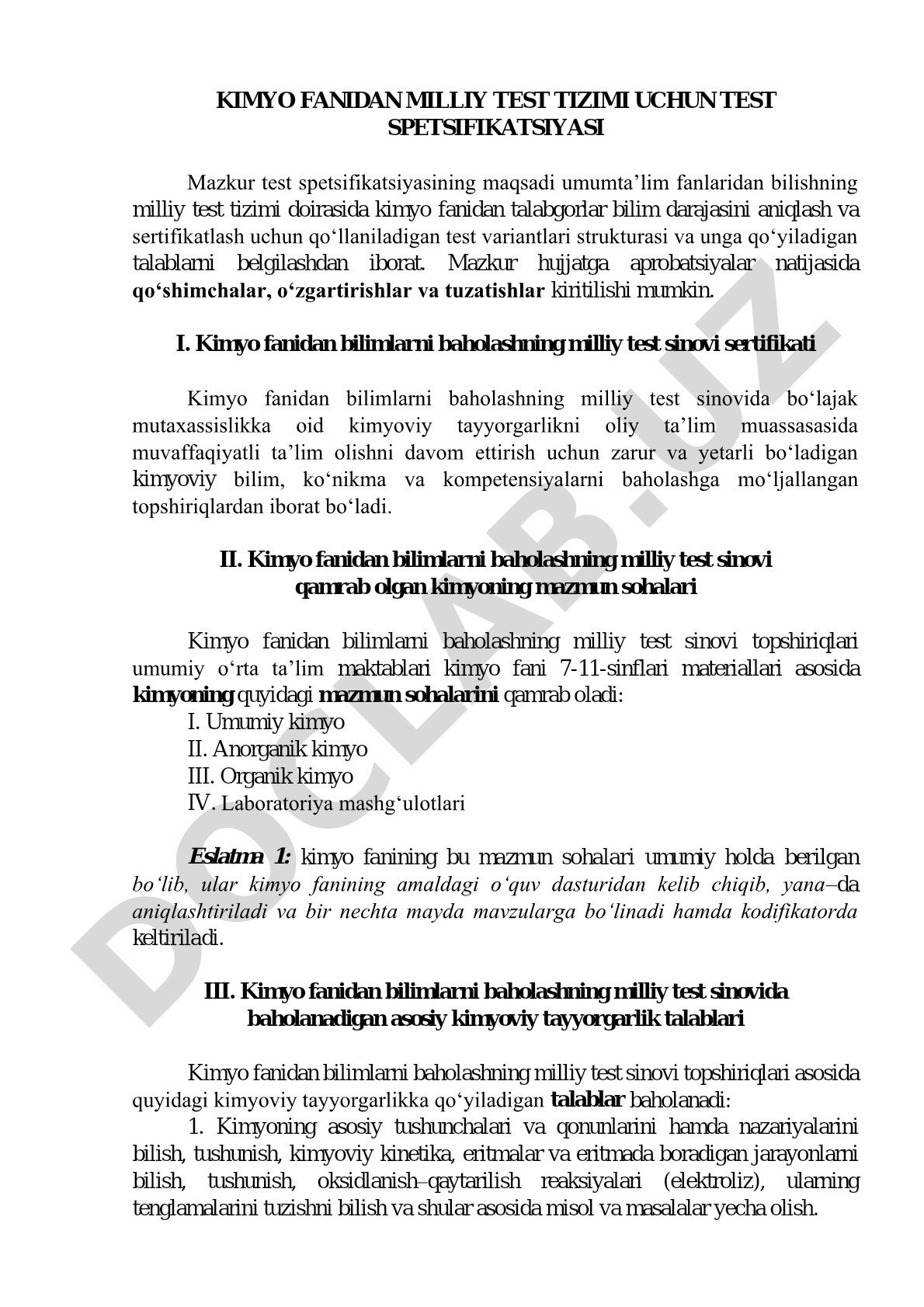 Kimyo fanidan milliy test tizimi uchun test spetsifikatsiyasi