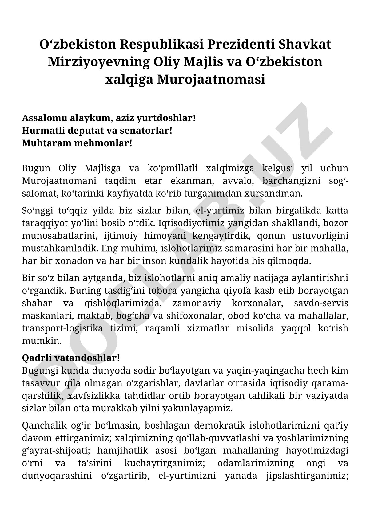 O'zbekiston Respublikasi Prezidenti Shavkat Mirziyoyevning Oliy Majlis va O'zbekiston xalqiga Murojaatnomasi