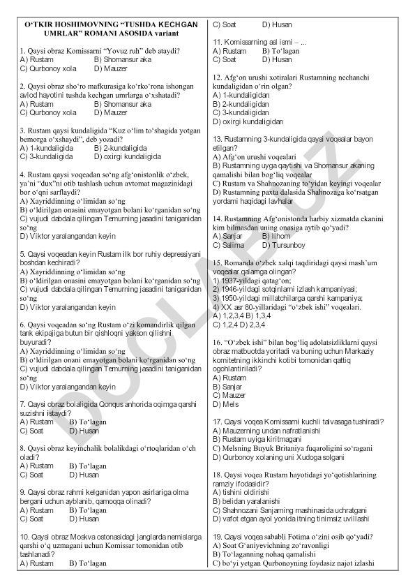 O‘tkir Hoshimovning “Tushda kechgan umrlar” romani asosida test savollari