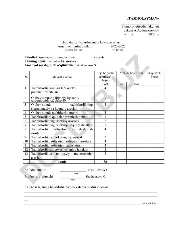 Tadbirkorlik asoslari fan dasturi bajarilishining kalendar rejasi