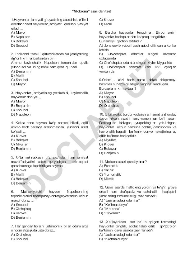 George Orwell 'Molxona' asaridan test savollari
