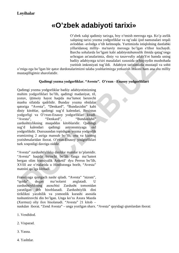 O'zbek adabiyoti tarixi loyihasi