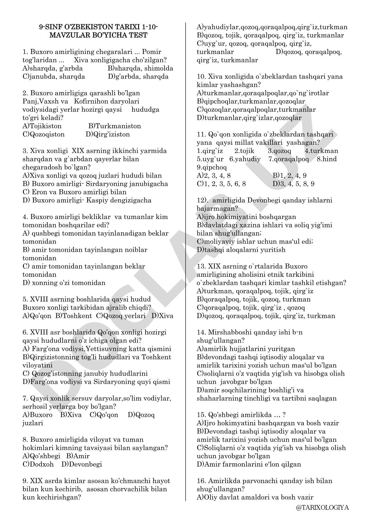 O'zbekiston tarixi 9-sinf 1-10 mavzular bo'yicha test