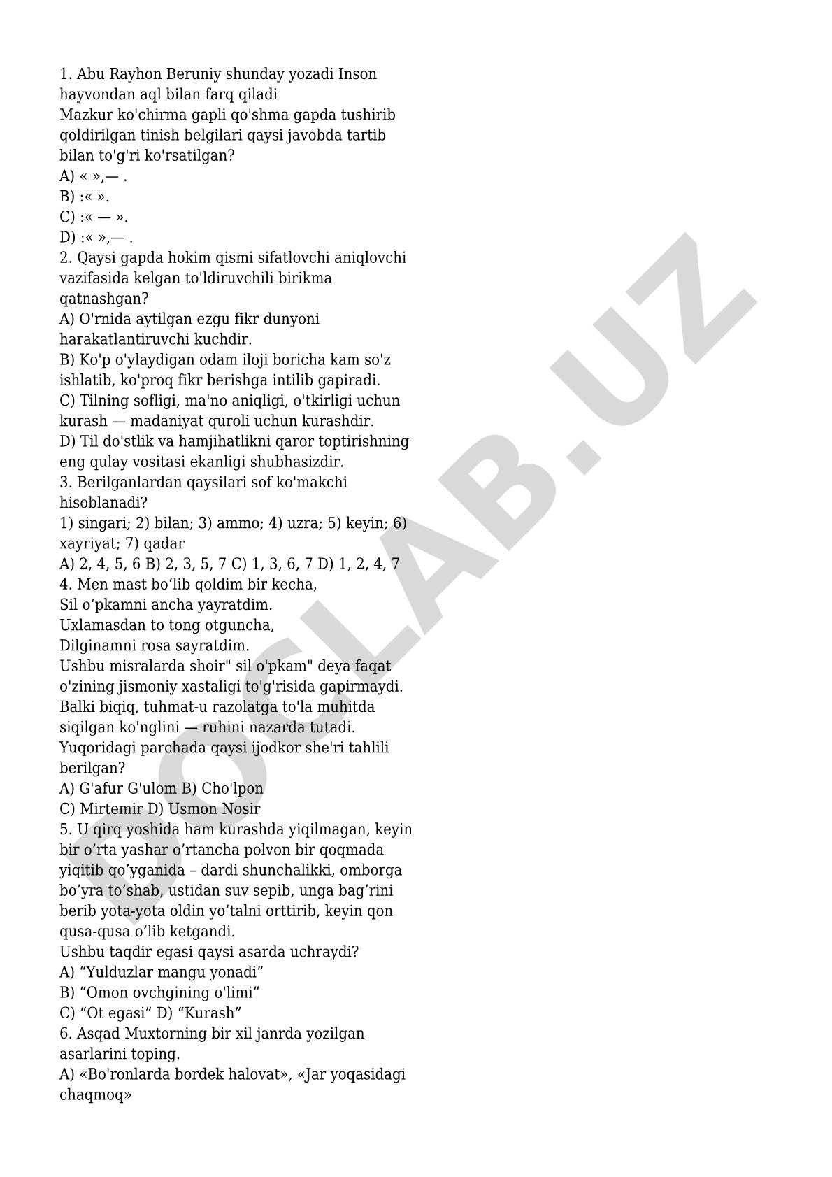 Abu Rayhon Beruniy va tilshunoslikka oid test savollari