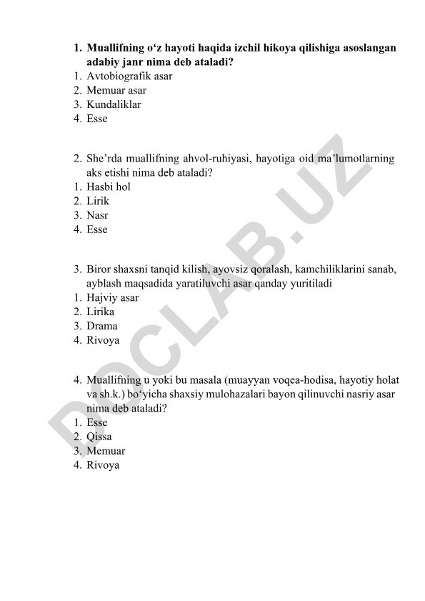 Adabiy janrlar va atamalar test savollari
