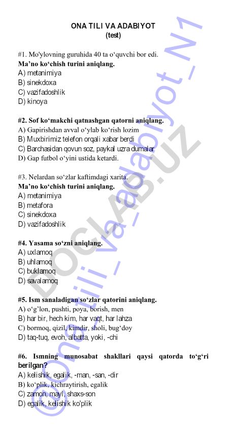 Ona tili va adabiyot fanidan test savollari