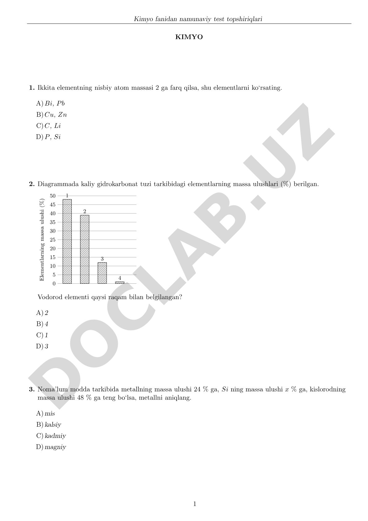 Kimyo fanidan namunaviy test topshiriqlari