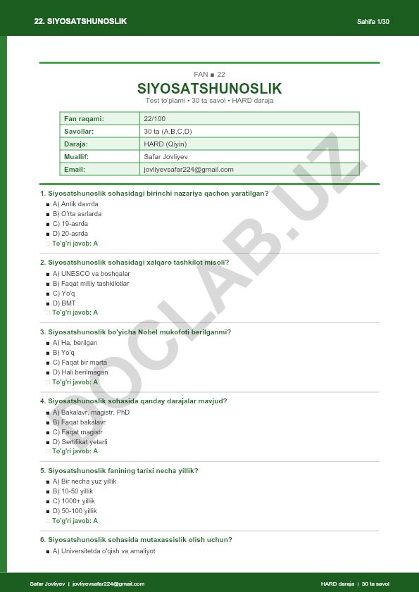 Siyosatshunoslik faniga oid test to'plami