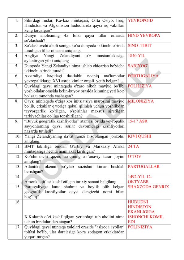 Geografiya va etnografiya test savollari