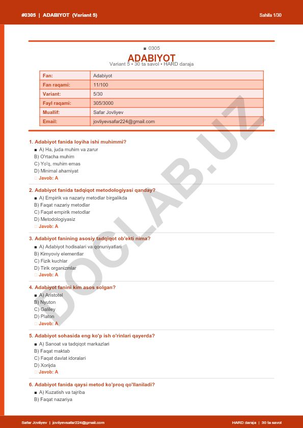Adabiyot fanidan test savollari (Variant 5)