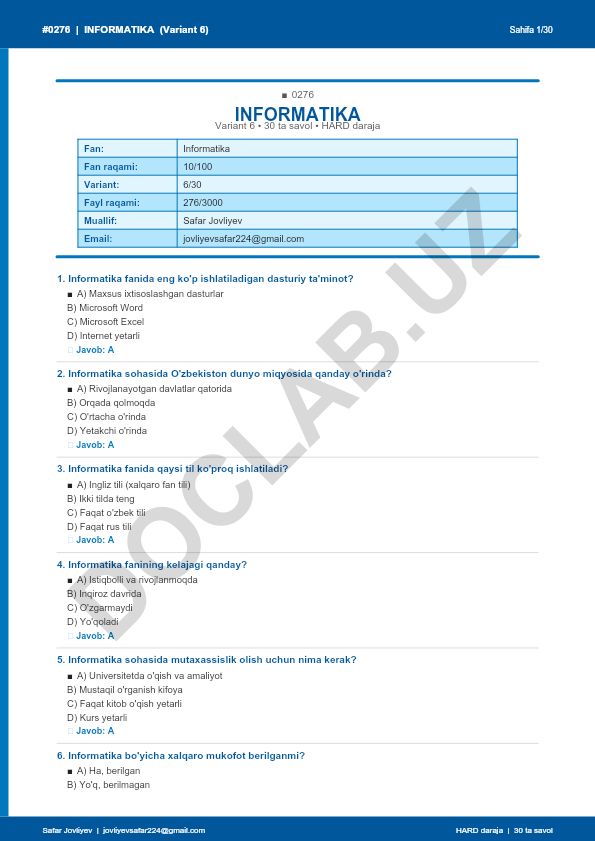 Informatika fanidan 30 ta savol va javoblar to'plami