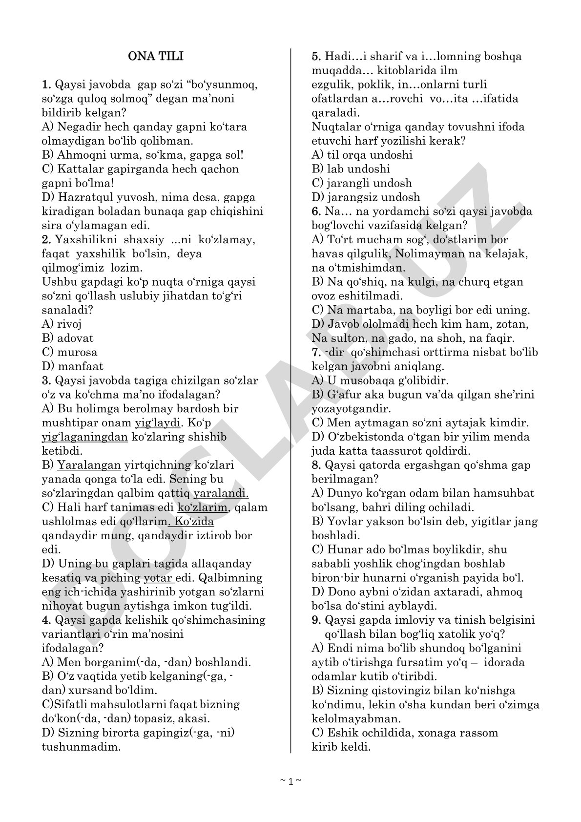 Ona tili test savollari