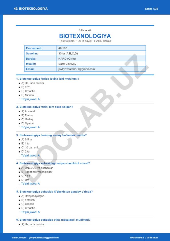 Biotexnologiya fanidan test to'plami