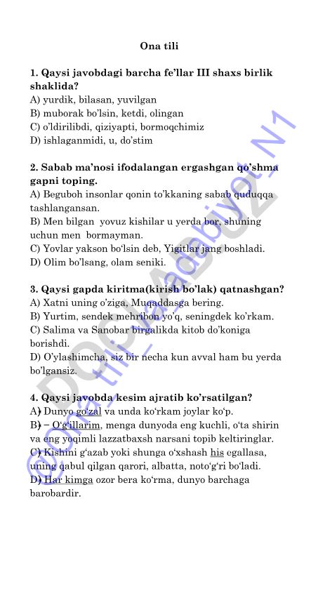 Ona tili fanidan test savollari