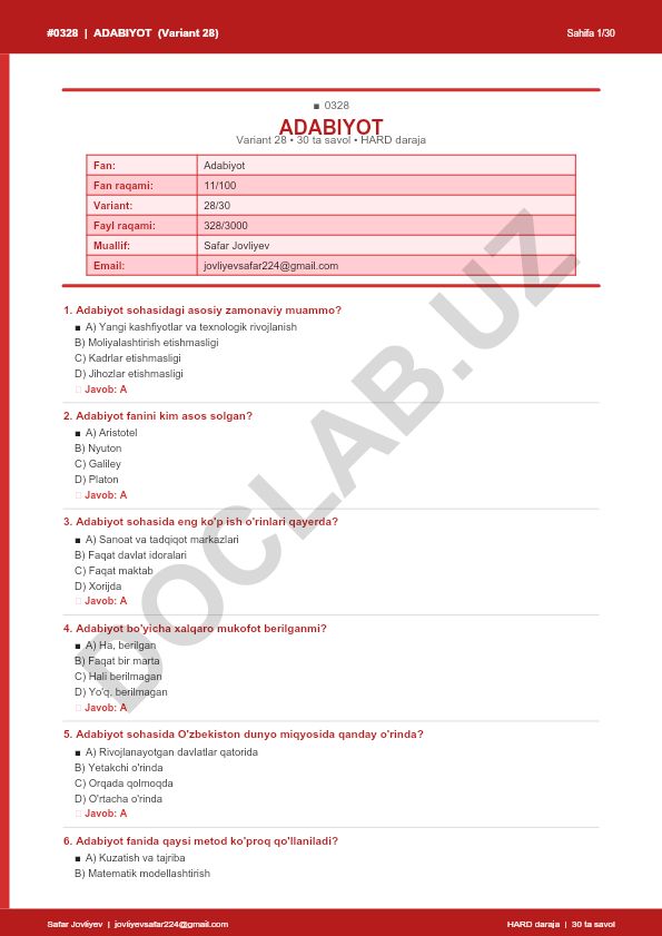 Adabiyot fanidan 30 ta savol testi (Variant 28)