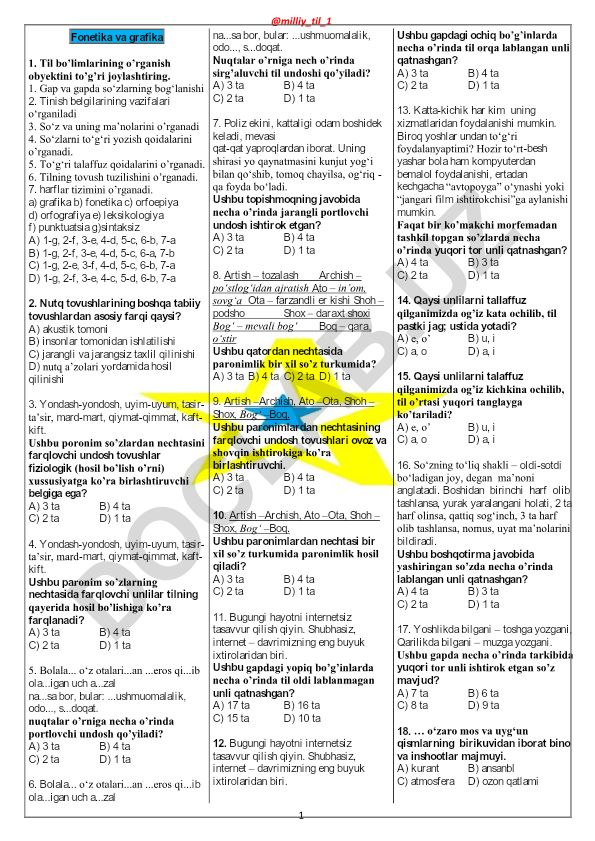 Fonetika va grafika bo'yicha test savollari