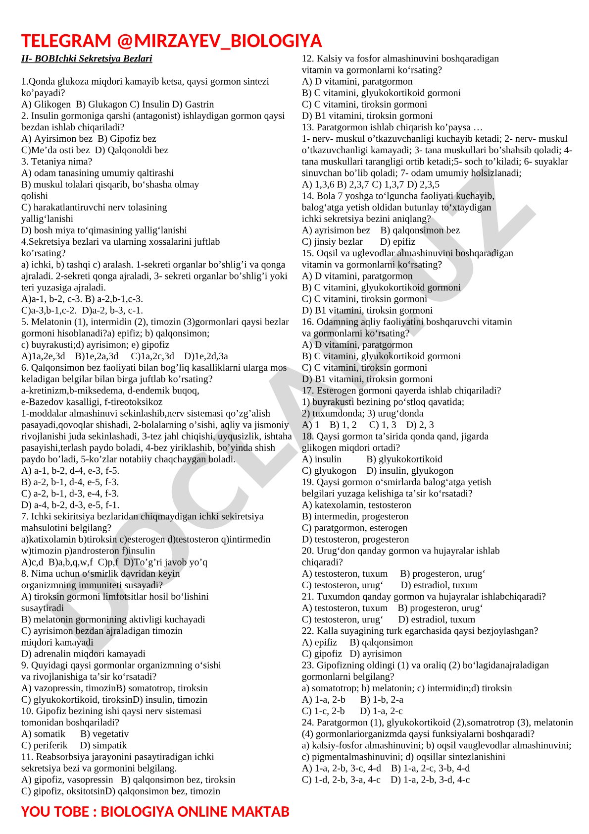 Ichki sekretsiya bezlari test savollari