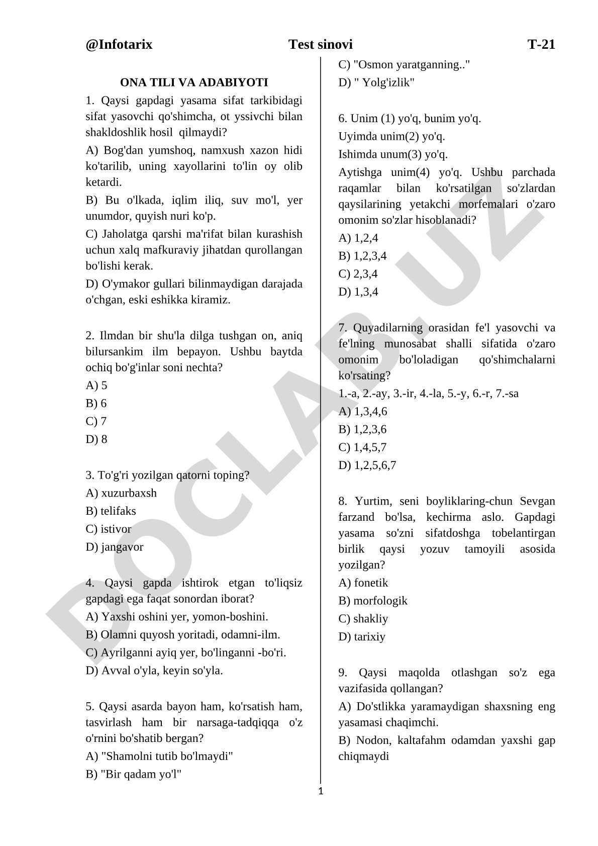 Ona tili va adabiyoti test savollari