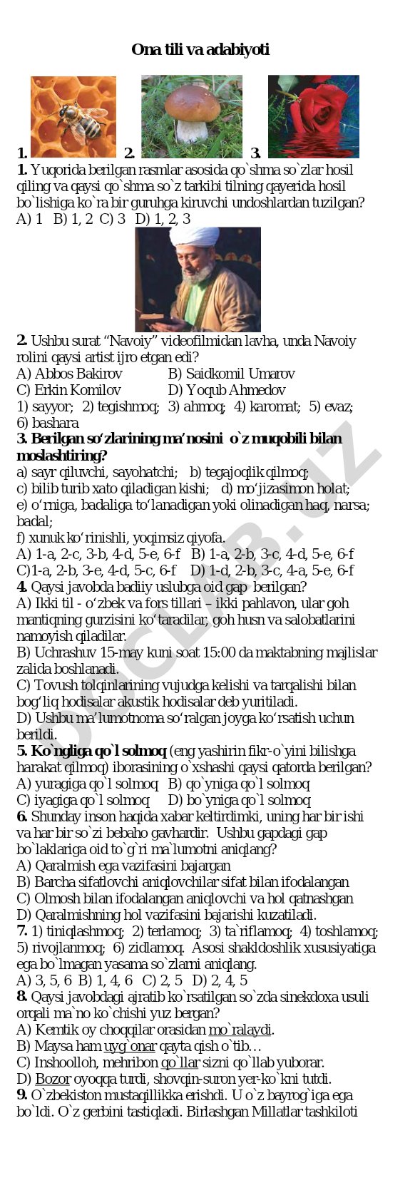 Ona tili va adabiyoti test savollari