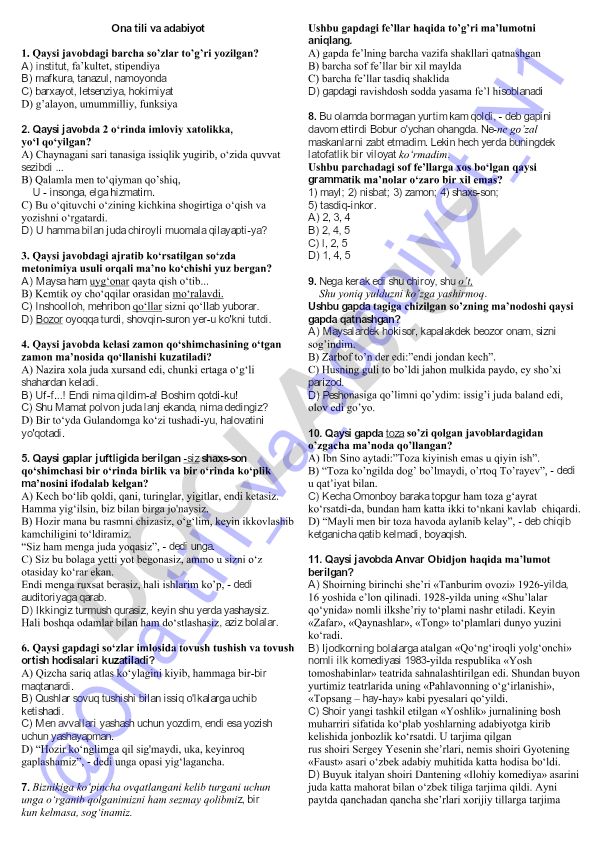 Ona tili va adabiyot fanidan test savollari