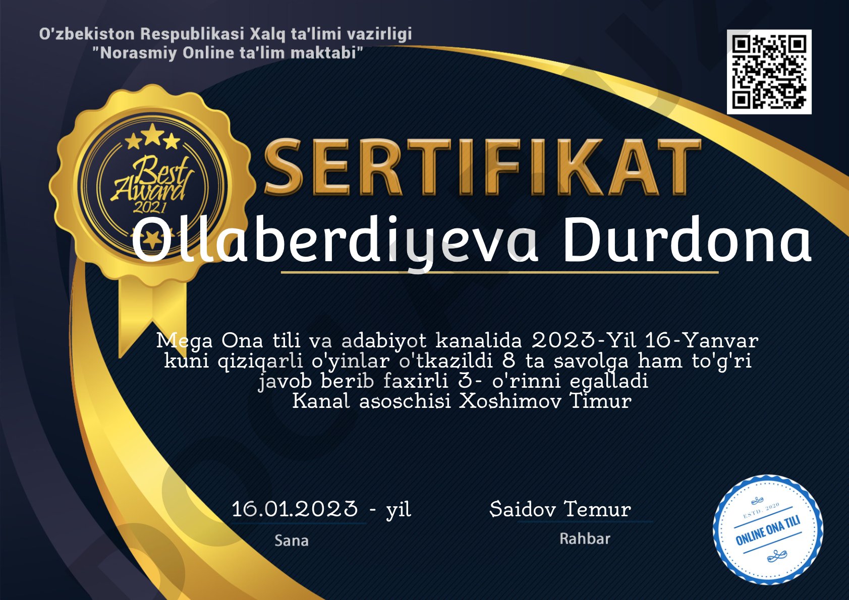 Ollaberdiyeva Durdona Mega Ona tili va adabiyot kanalida qatnashishi
