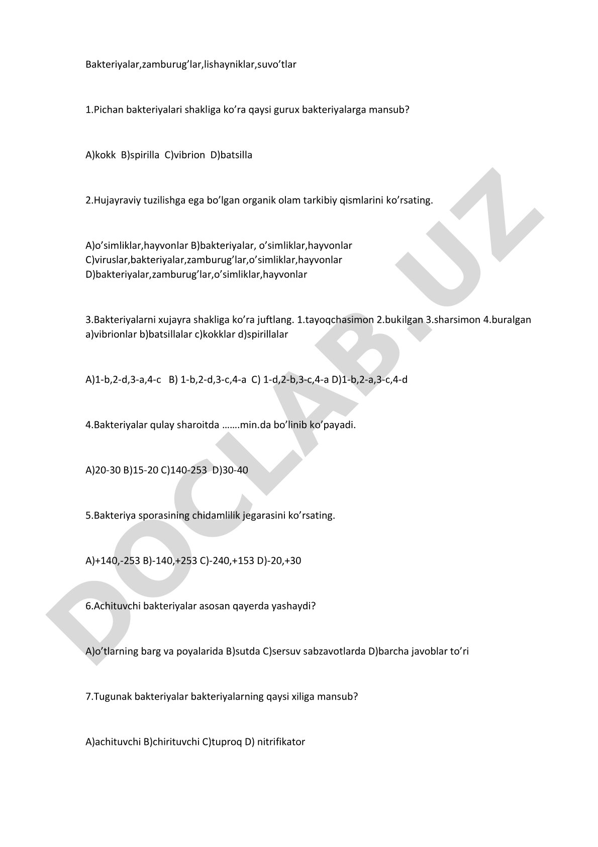 Bakteriyalar, zamburug'lar, lishayniklar, suvo'tlar