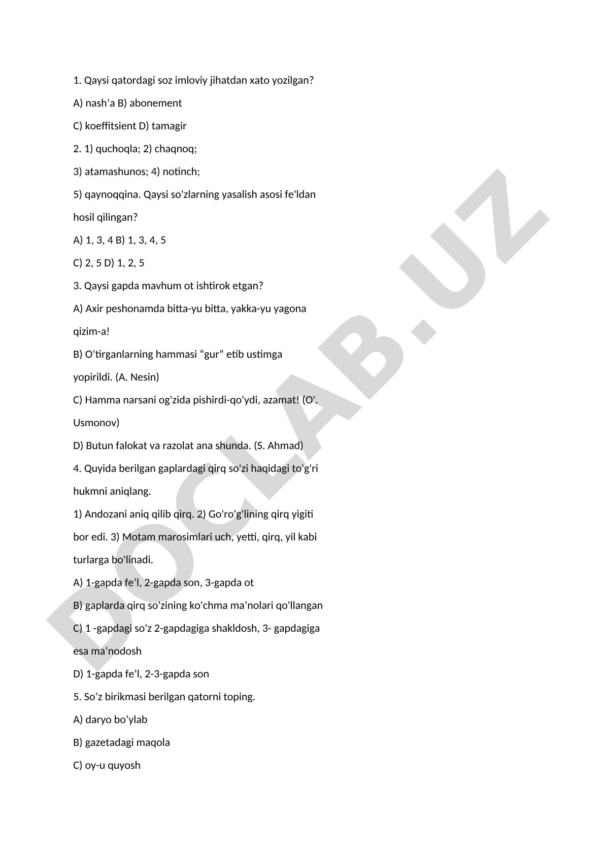 O'zbek tili imlo va grammatika test savollari