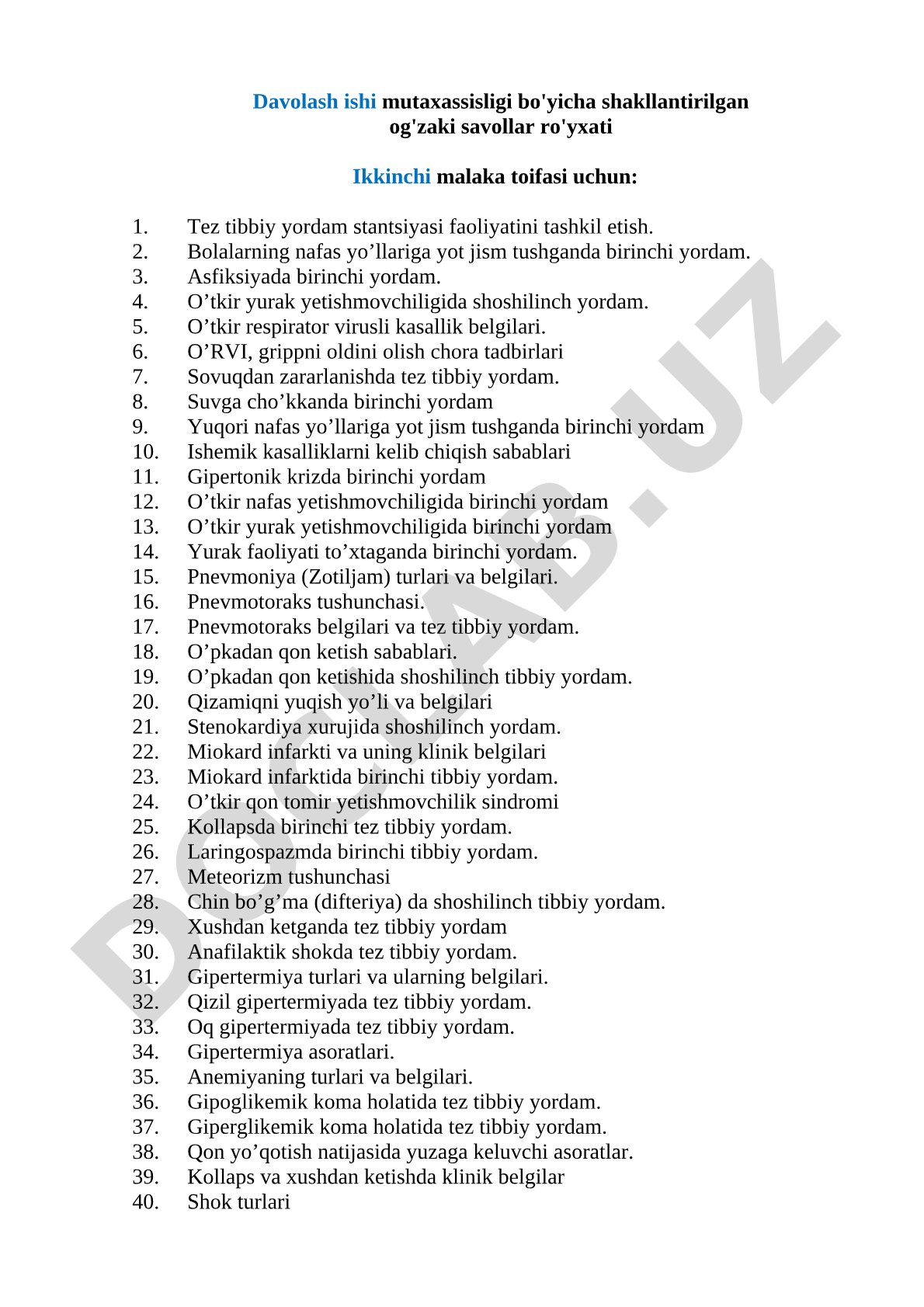 Davolash ishi mutaxassisligi bo'yicha og'zaki savollar ro'yxati