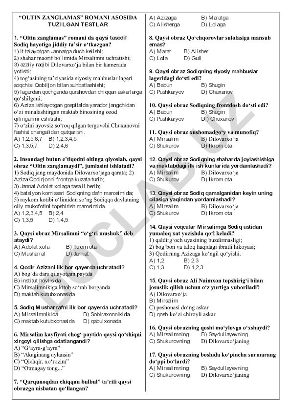 Oltin zanglamas romani asosida tuzilgan testlar