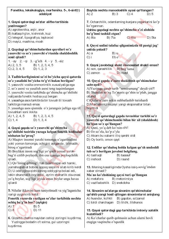 Fonetika, leksikologiya, morfemika test savollari