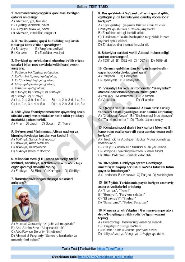 O'zbekiston tarixi test savollari va javoblari