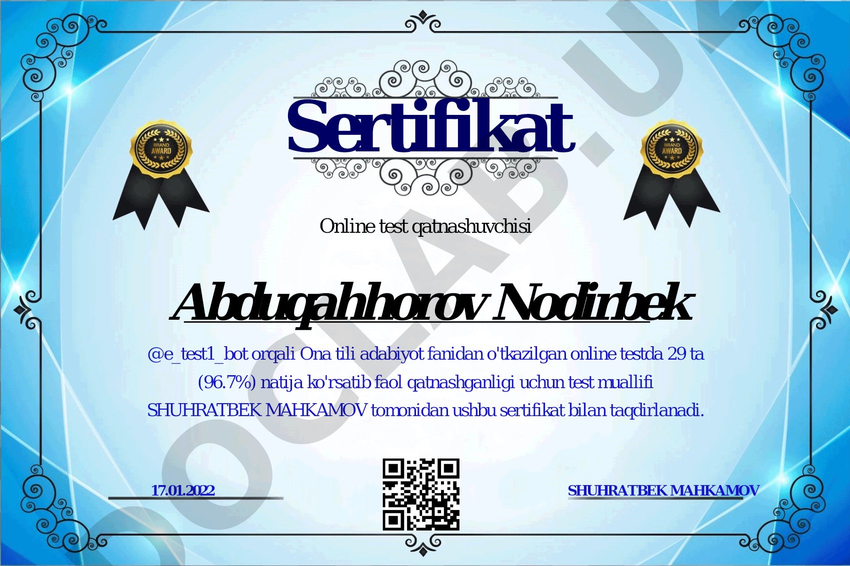 Ona tili adabiyot fanidan online test sertifikati