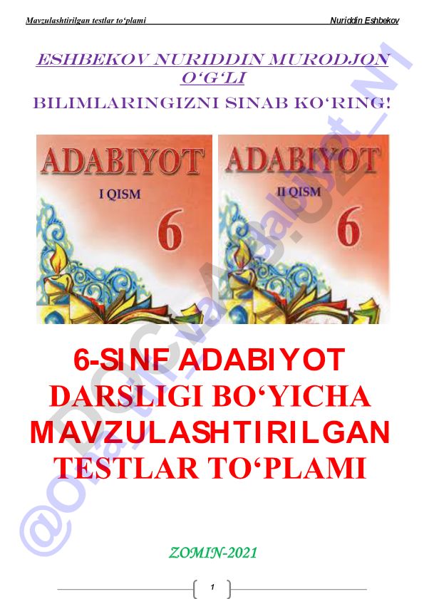 6-sinf adabiyot darsligi bo'yicha mavzulashtirilgan testlar to'plami