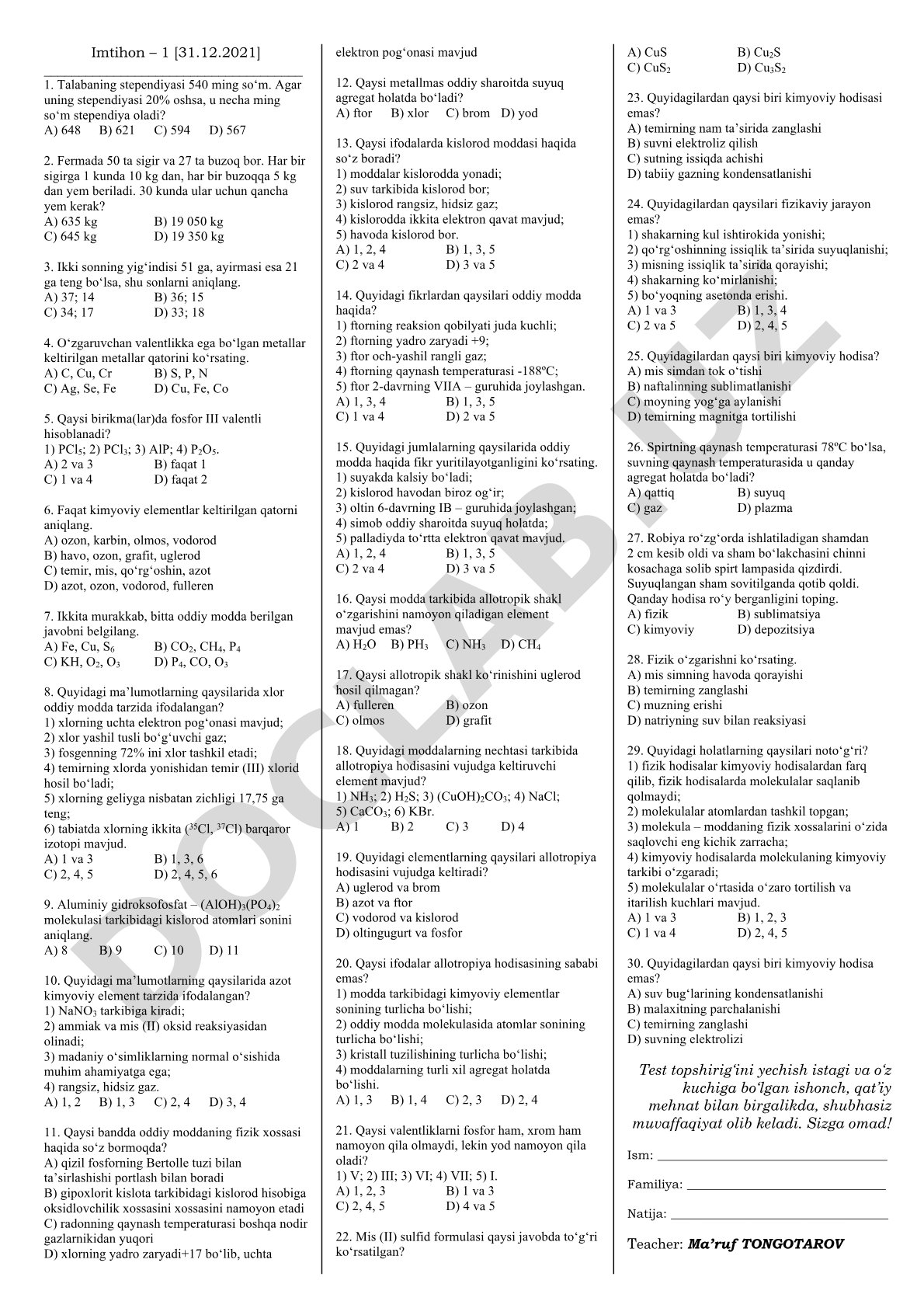 Imtihon savollari (matematika va kimyo)
