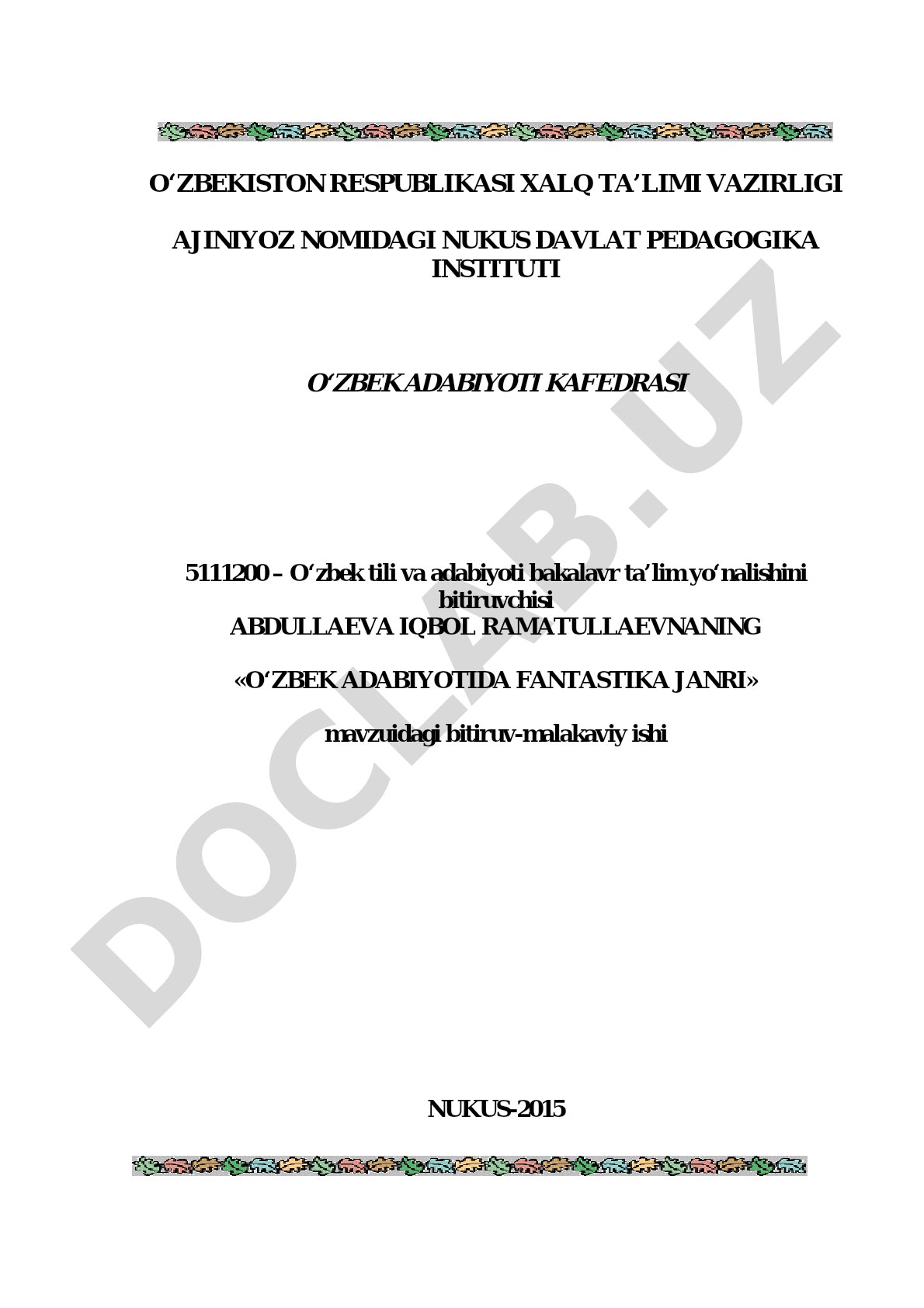 O'zbek adabiyotida fantastika janri