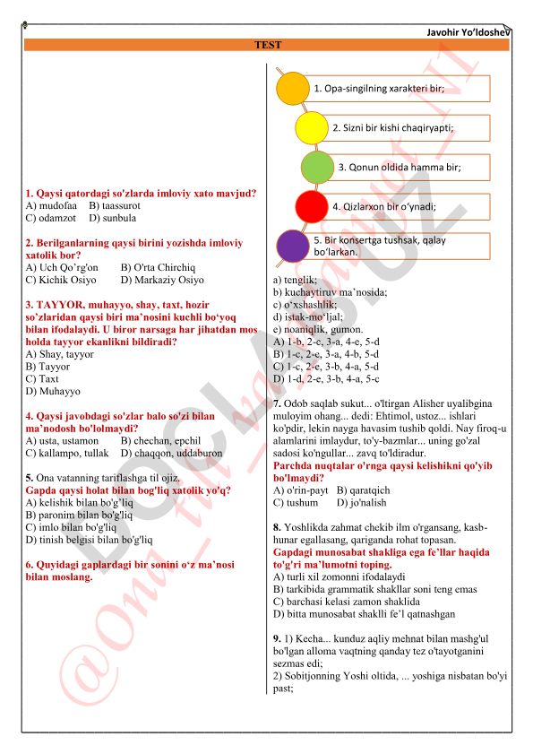 O'zbek tili imlo va leksik test savollari