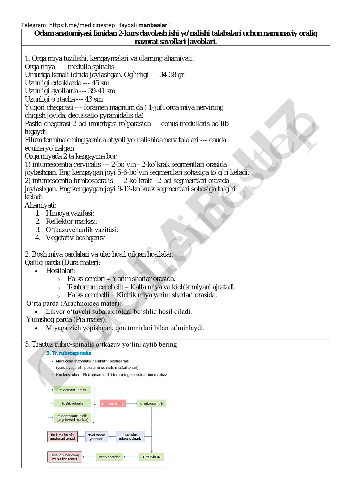 Odam anatomiyasidan 2-kurs davolash ishi yo'nalishi talabalari uchun namunaviy oraliq nazorat savollari javoblari