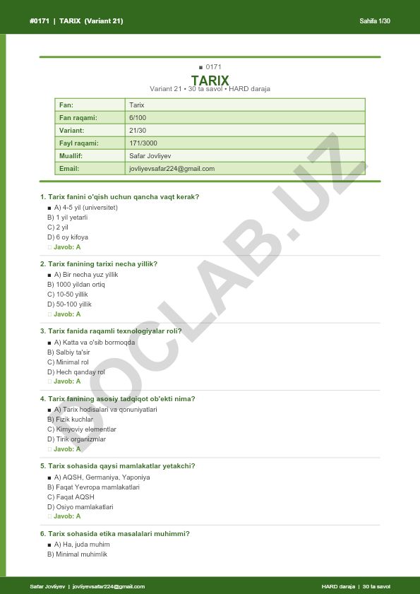 Tarix faniga oid test savollari (Variant 21)