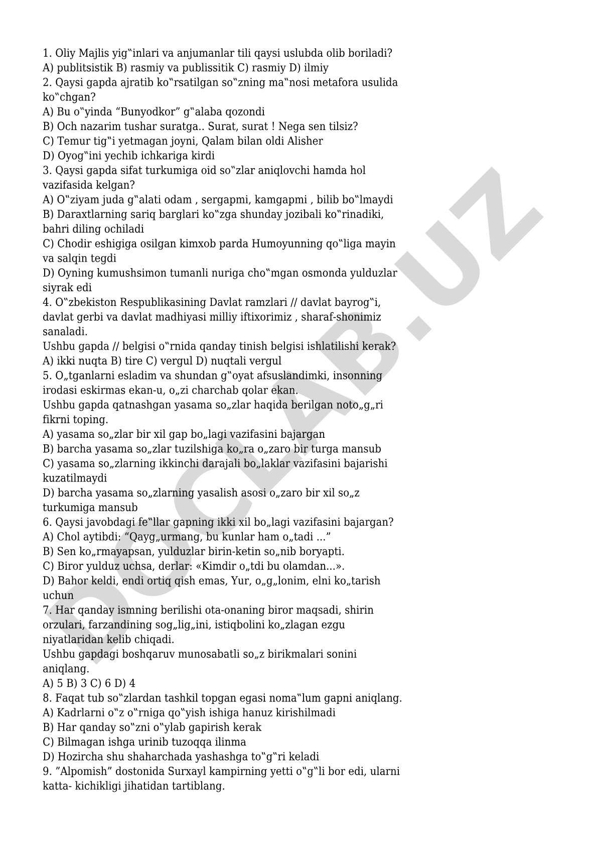 O'zbek tili test savollari