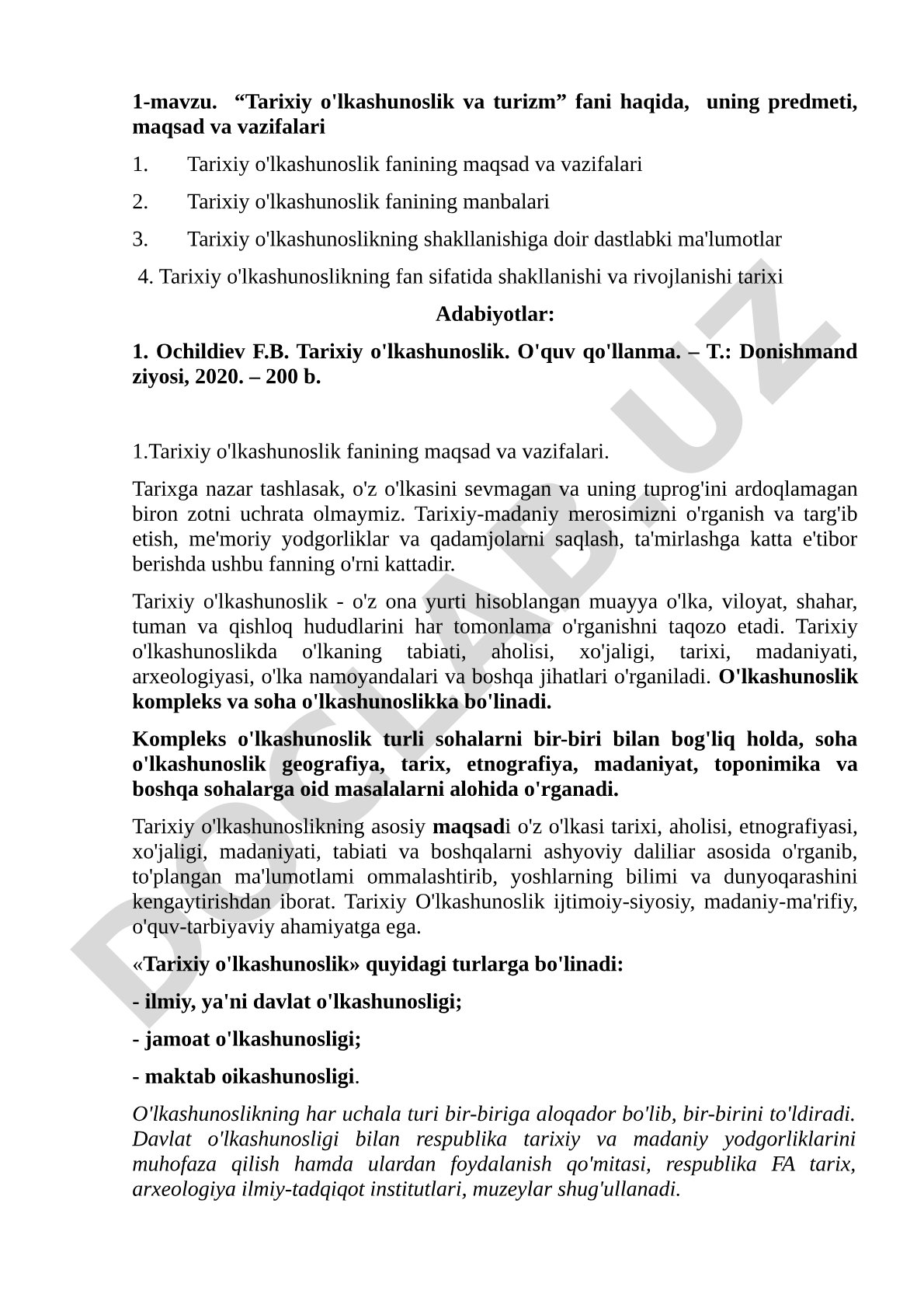 Tarixiy o'lkashunoslik va turizm fani haqida, uning predmeti, maqsad va vazifalari