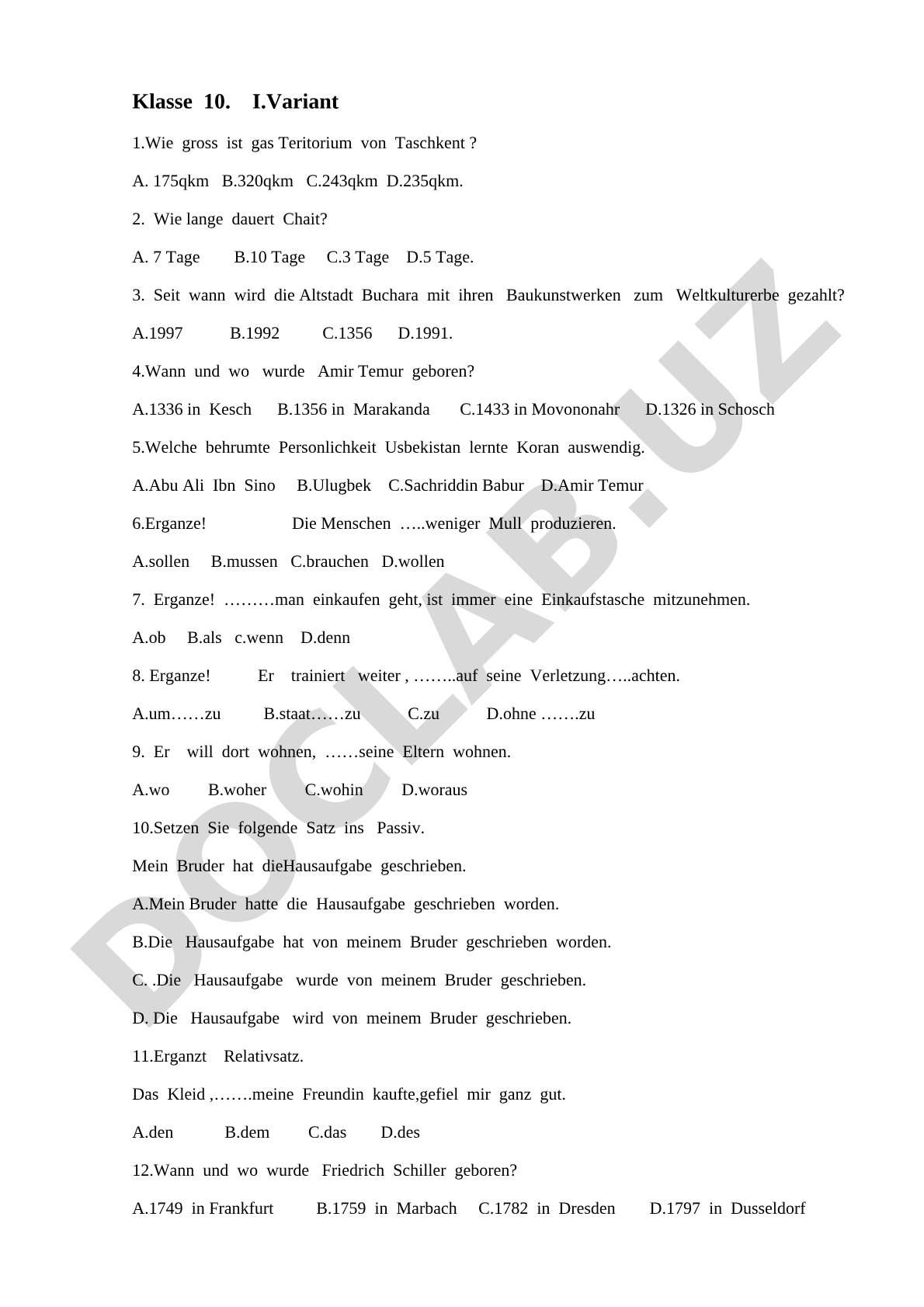 Test für Klasse 10, Variante 1