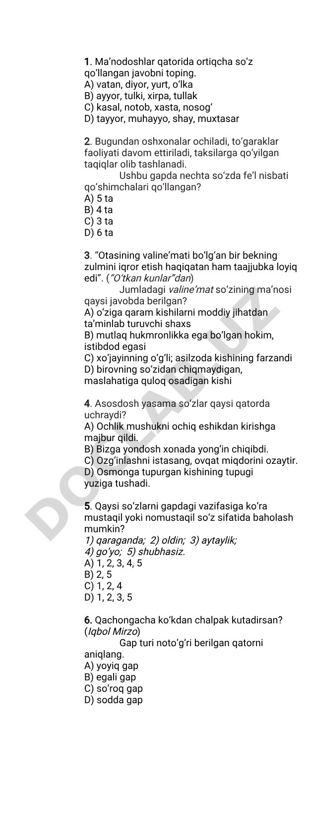 Ona tili test savollari