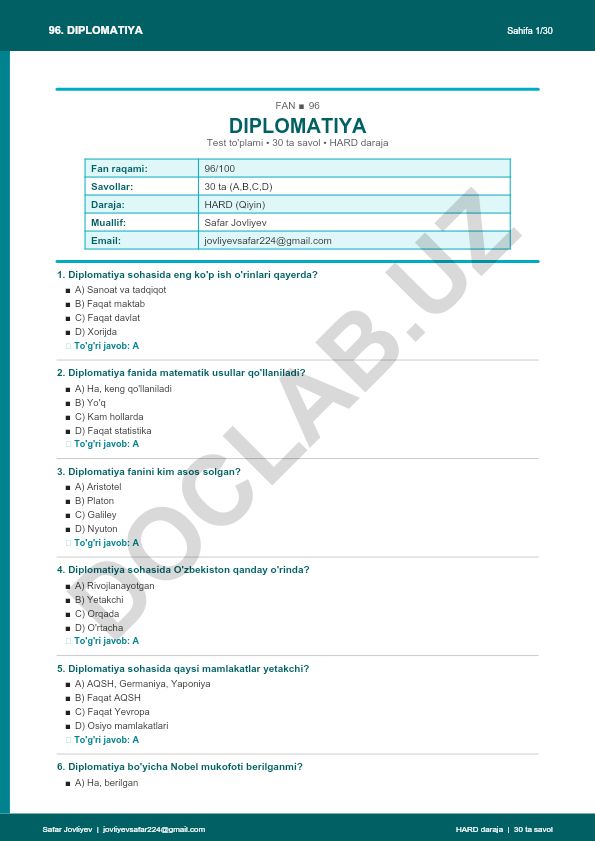 Diplomatiya fanidan test to'plami