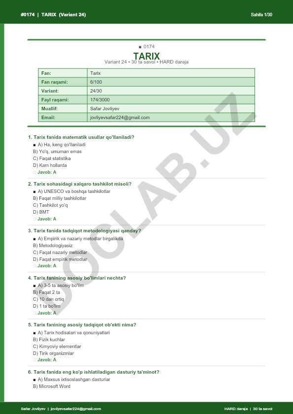 Tarix fanidan test savollari (Variant 24)