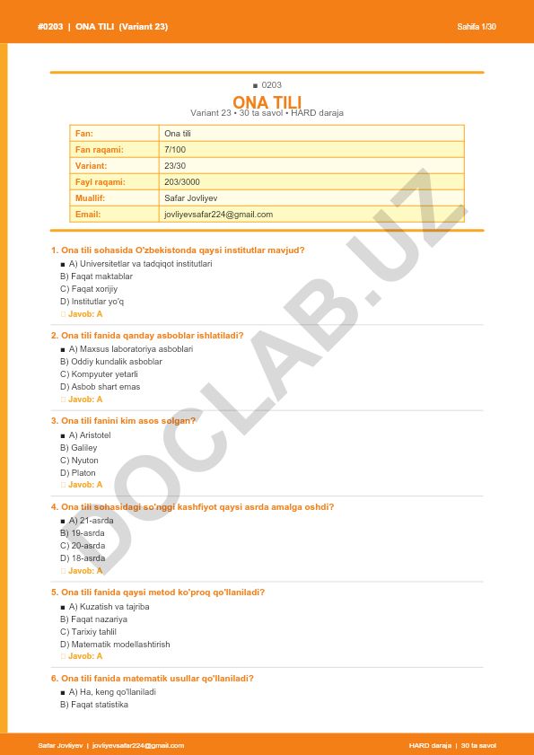 Ona tili fanidan 30 ta savolli test (Variant 23)