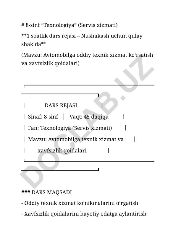 Avtomobilga oddiy texnik xizmat ko'rsatish va xavfsizlik qoidalari