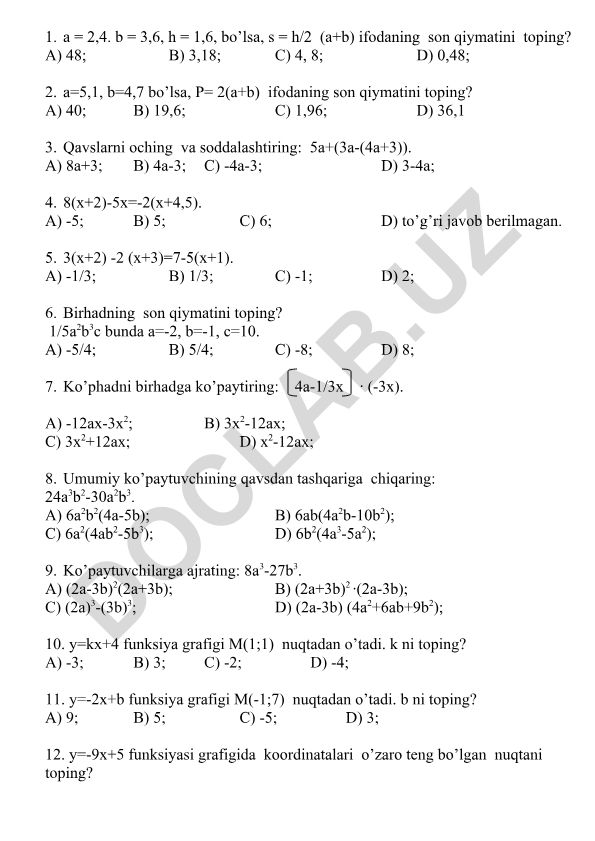 Algebra va geometriya masalalari to'plami